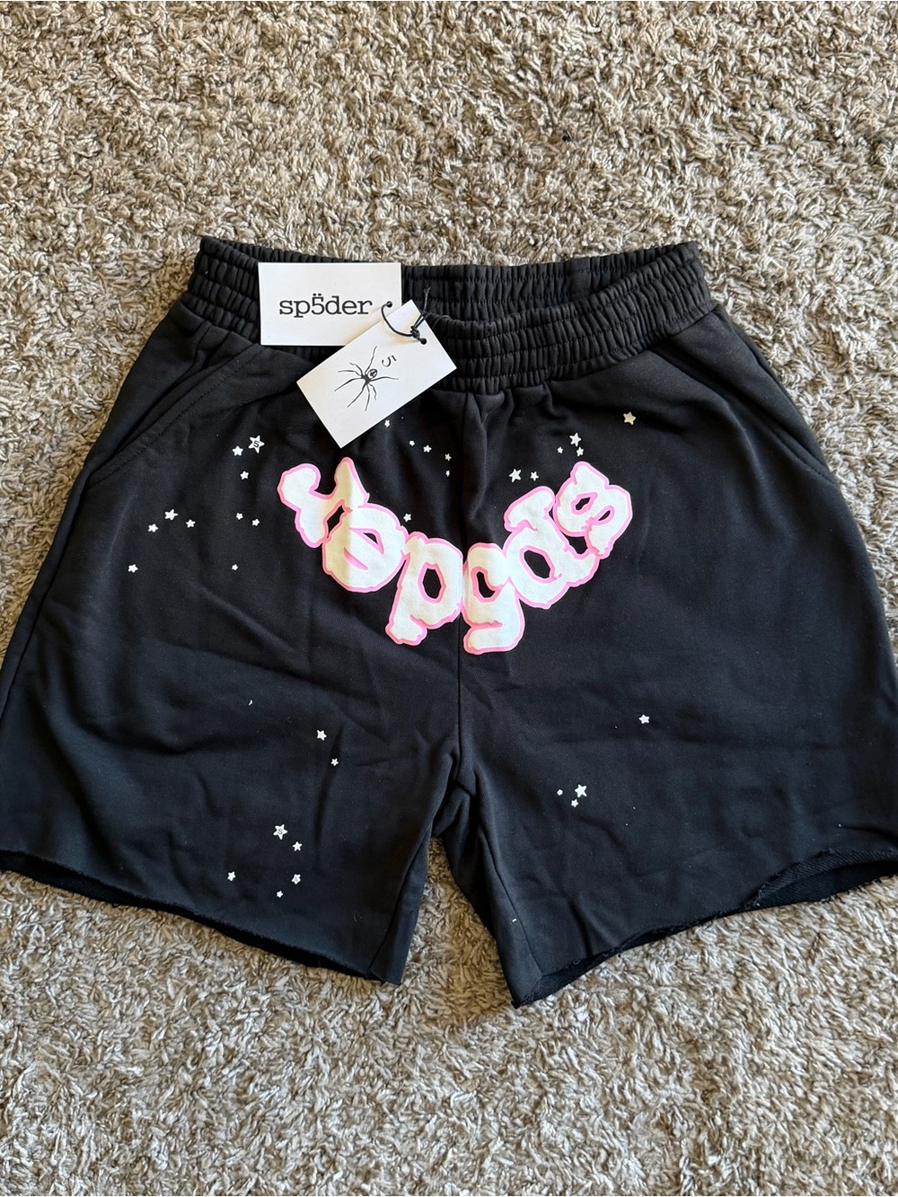 Sp5der Men's Black Athletic Shorts with Pink Logo Graphic